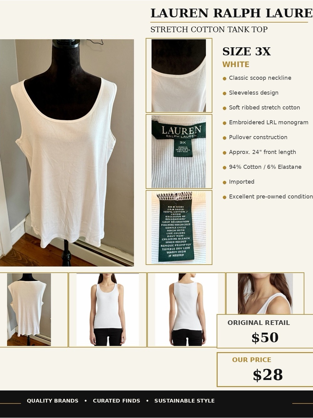 Lauren Ralph Lauren White Ribbed Cotton Scoop Neck Tank Top